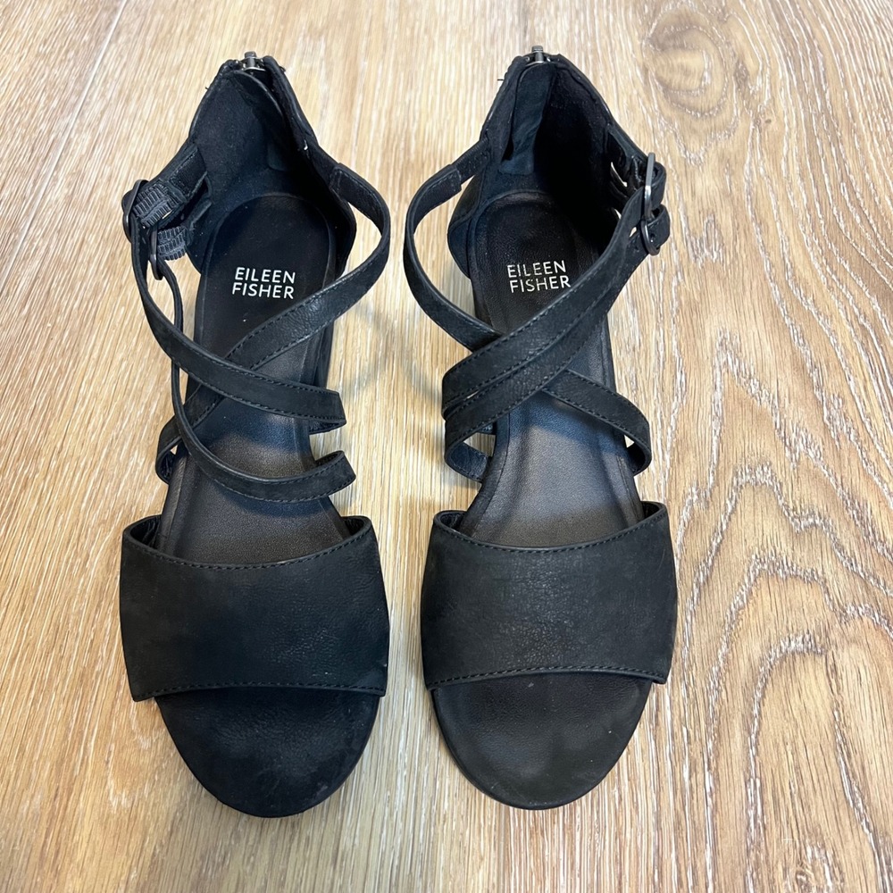 Eileen Fisher Black Suede Block‎ Heel Sandals 6.5